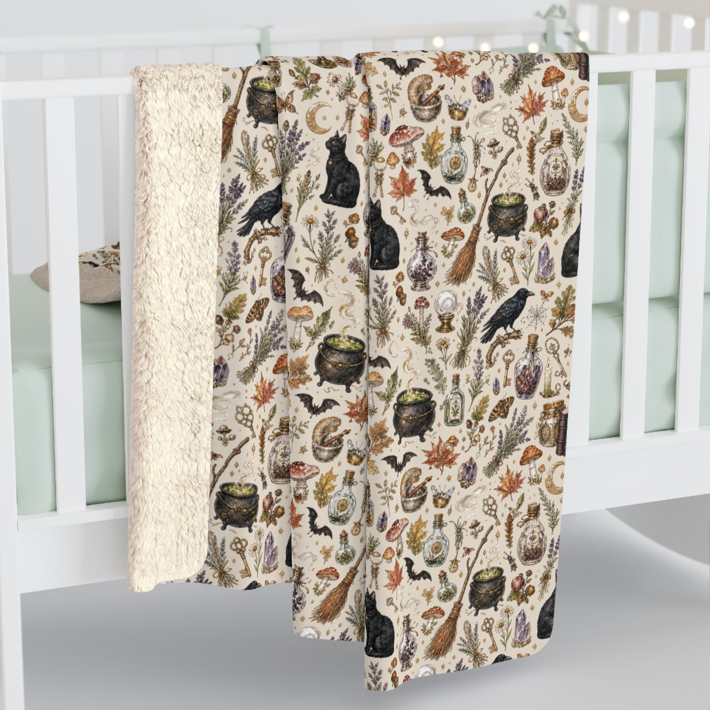 Cozy Cottage Witch Sherpa Blanket – Autumn Cauldrons & Herbs Throw