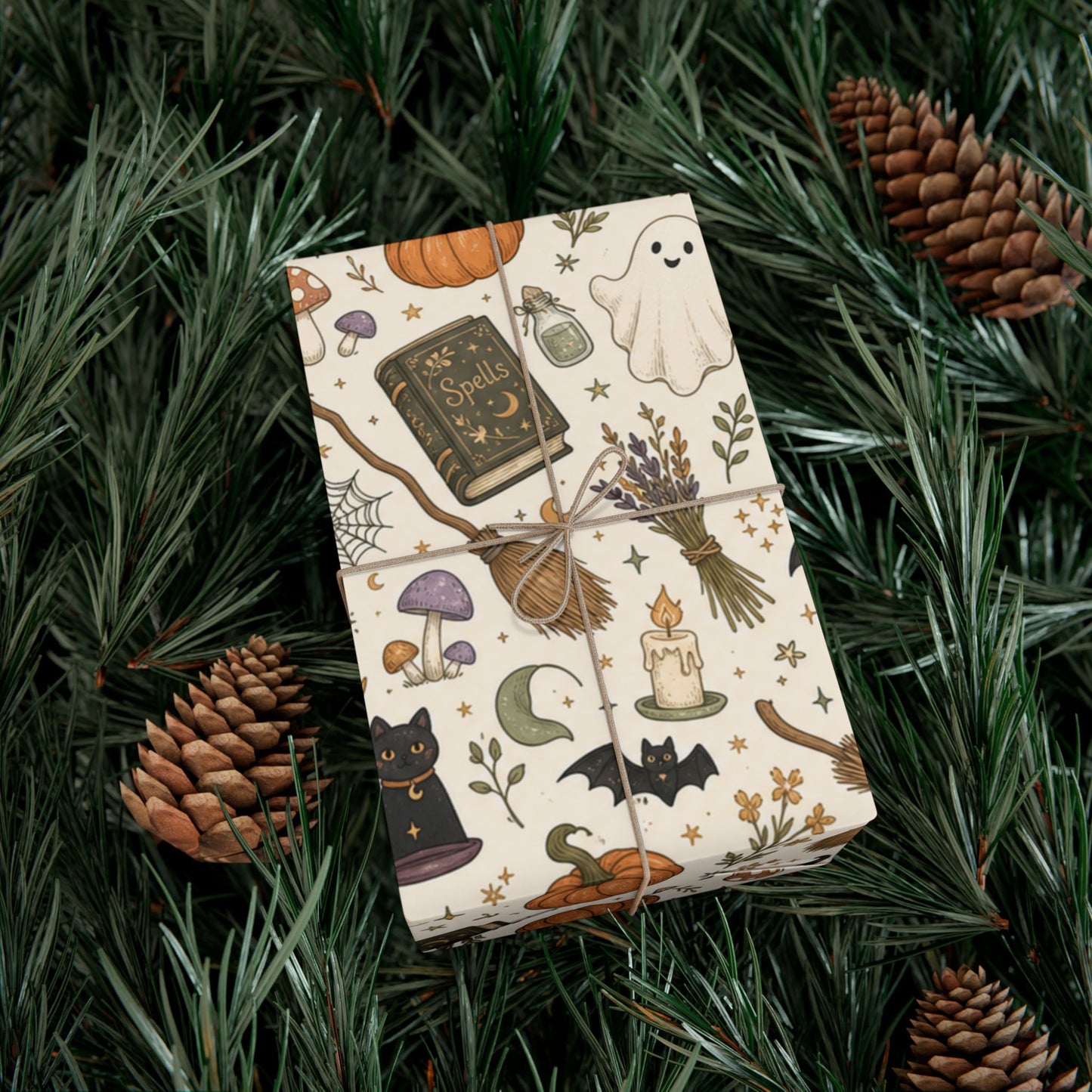 Halloween Witch Pattern Gift Wrap Paper – Spells, Pumpkins & Cats