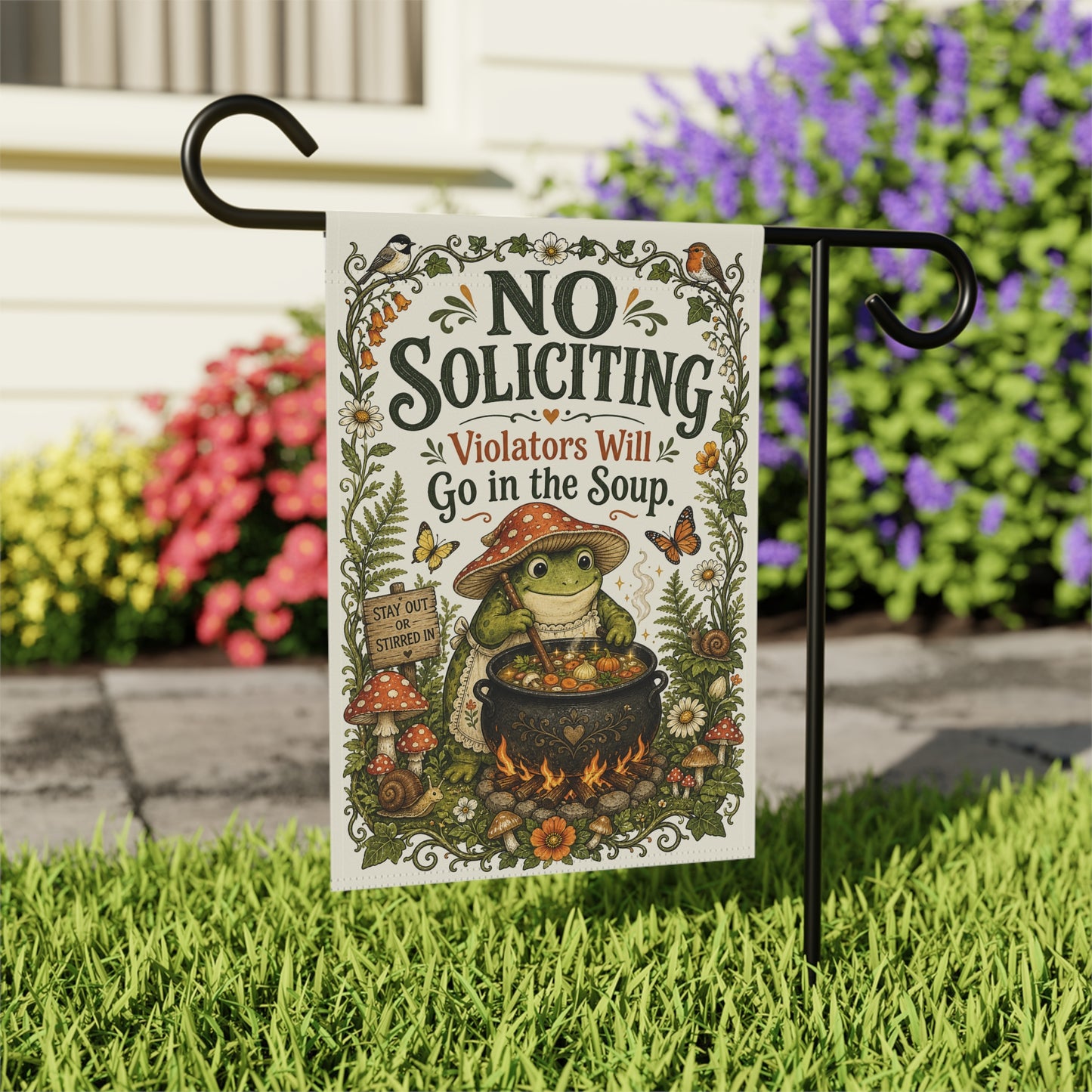 Garden Flag — “No Soliciting, Violators Will Go in the Soup” Decorative Yard Banner
