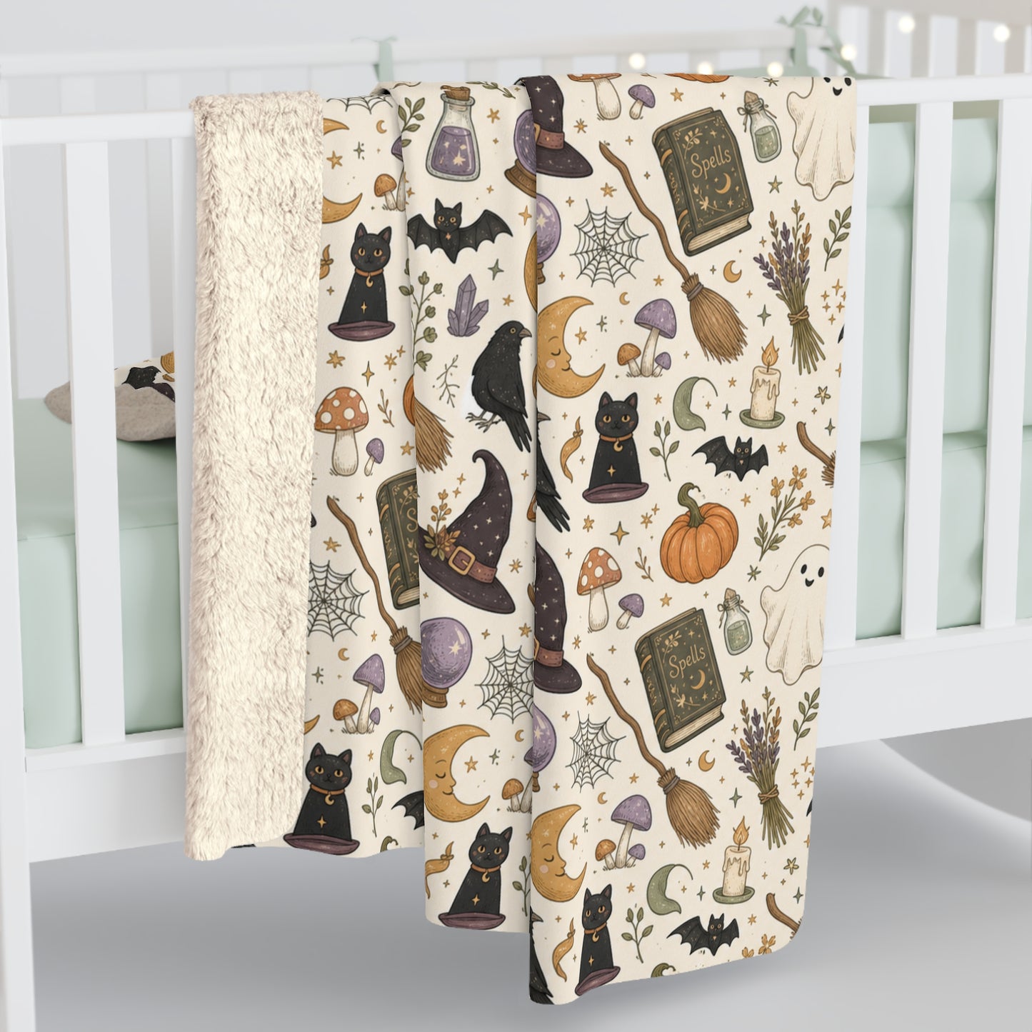 Witchy Autumn Sherpa Blanket – Cozy Halloween Tarot & Pumpkin Throw