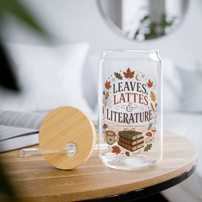 Leaves Lattes & Literature Sipper Glass — 16oz Fall Book Lover Tumbler