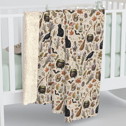 Cozy Cottage Witch Sherpa Blanket – Autumn Cauldrons & Herbs Throw