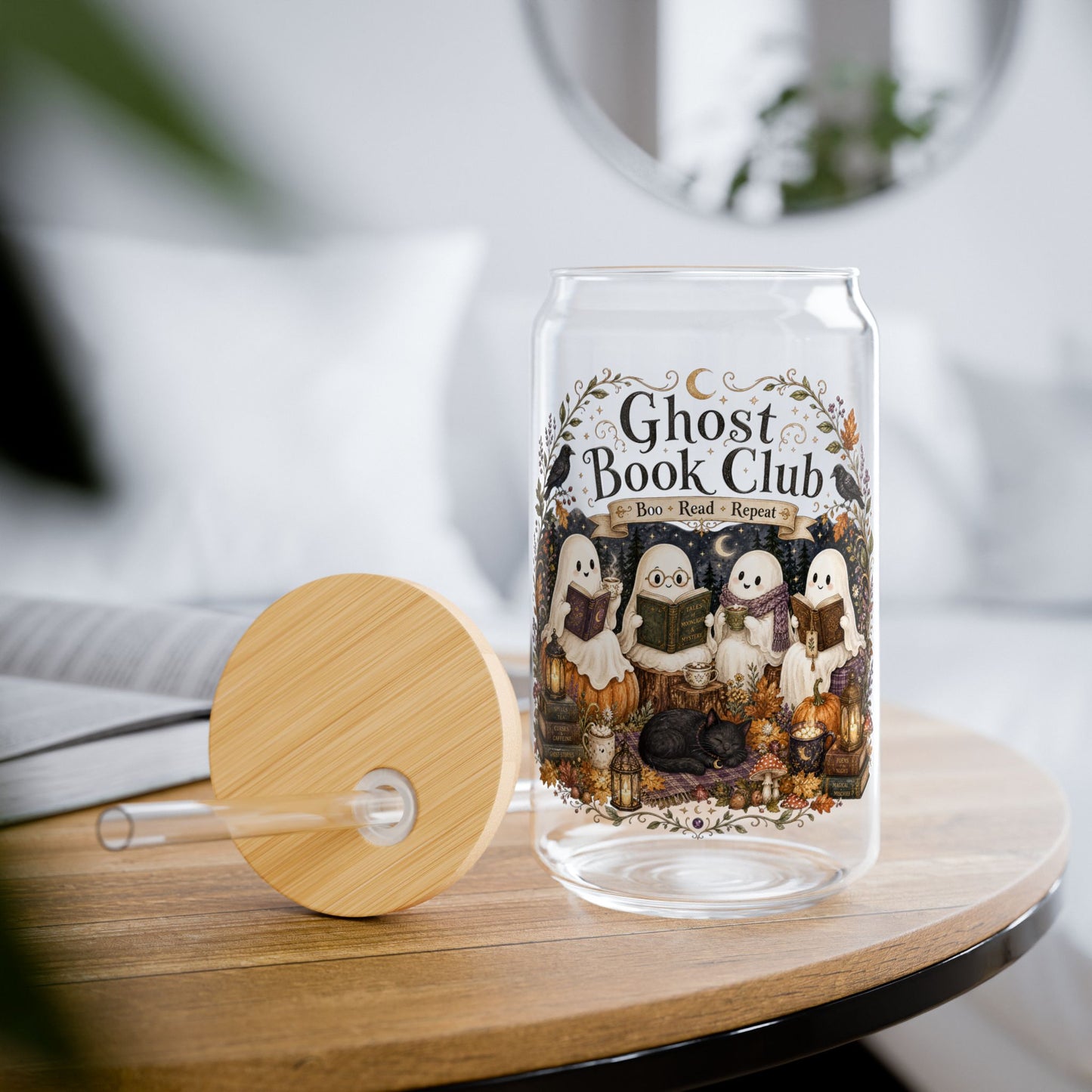 Ghost Book Club 16oz Sipper Glass – Cute Halloween Reading Glass with Straw