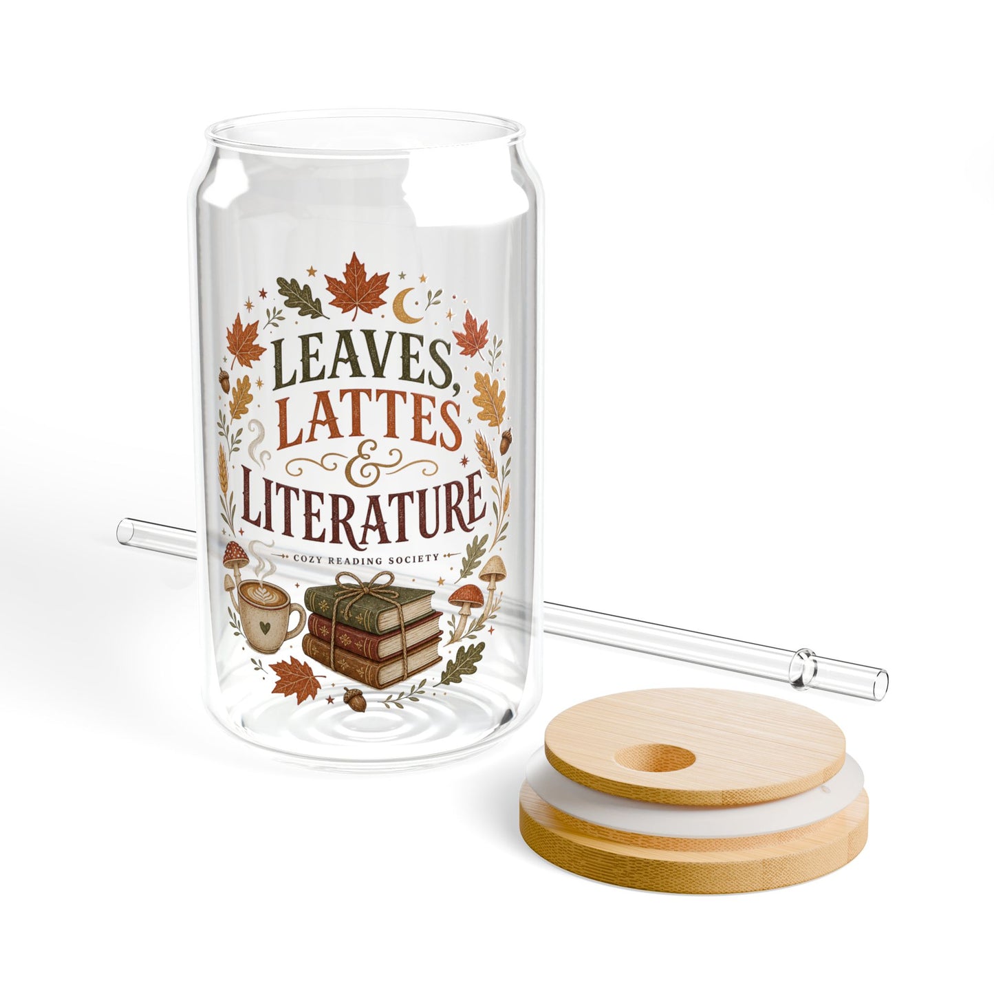 Leaves Lattes & Literature Sipper Glass — 16oz Fall Book Lover Tumbler