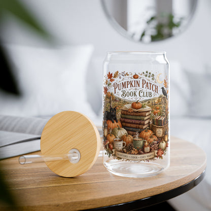 Pumpkin Patch Book Club 16oz Sipper Glass — Autumn Pumpkin Fall Drink Tumbler with Bamboo Lid & Straw