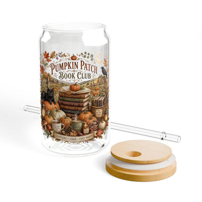 Pumpkin Patch Book Club 16oz Sipper Glass — Autumn Pumpkin Fall Drink Tumbler with Bamboo Lid & Straw
