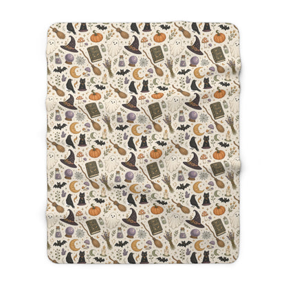 Witchy Autumn Sherpa Blanket – Cozy Halloween Tarot & Pumpkin Throw