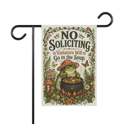 Garden Flag — “No Soliciting, Violators Will Go in the Soup” Decorative Yard Banner