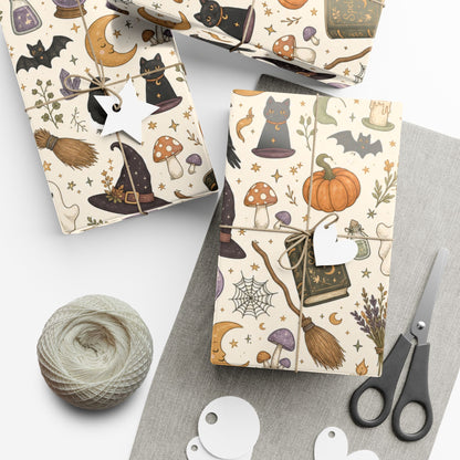 Halloween Witch Pattern Gift Wrap Paper – Spells, Pumpkins & Cats