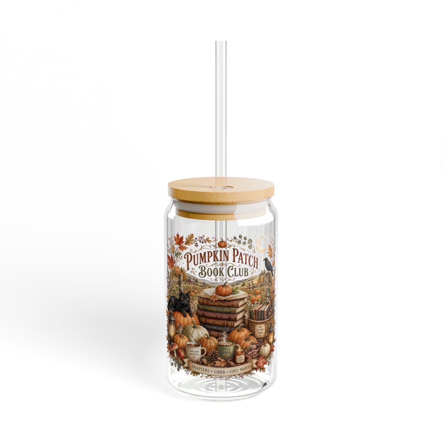Pumpkin Patch Book Club 16oz Sipper Glass — Autumn Pumpkin Fall Drink Tumbler with Bamboo Lid & Straw