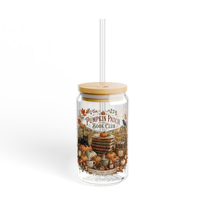 Pumpkin Patch Book Club 16oz Sipper Glass — Autumn Pumpkin Fall Drink Tumbler with Bamboo Lid & Straw
