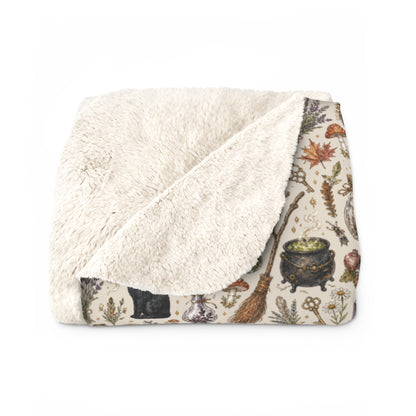 Cozy Cottage Witch Sherpa Blanket – Autumn Cauldrons & Herbs Throw