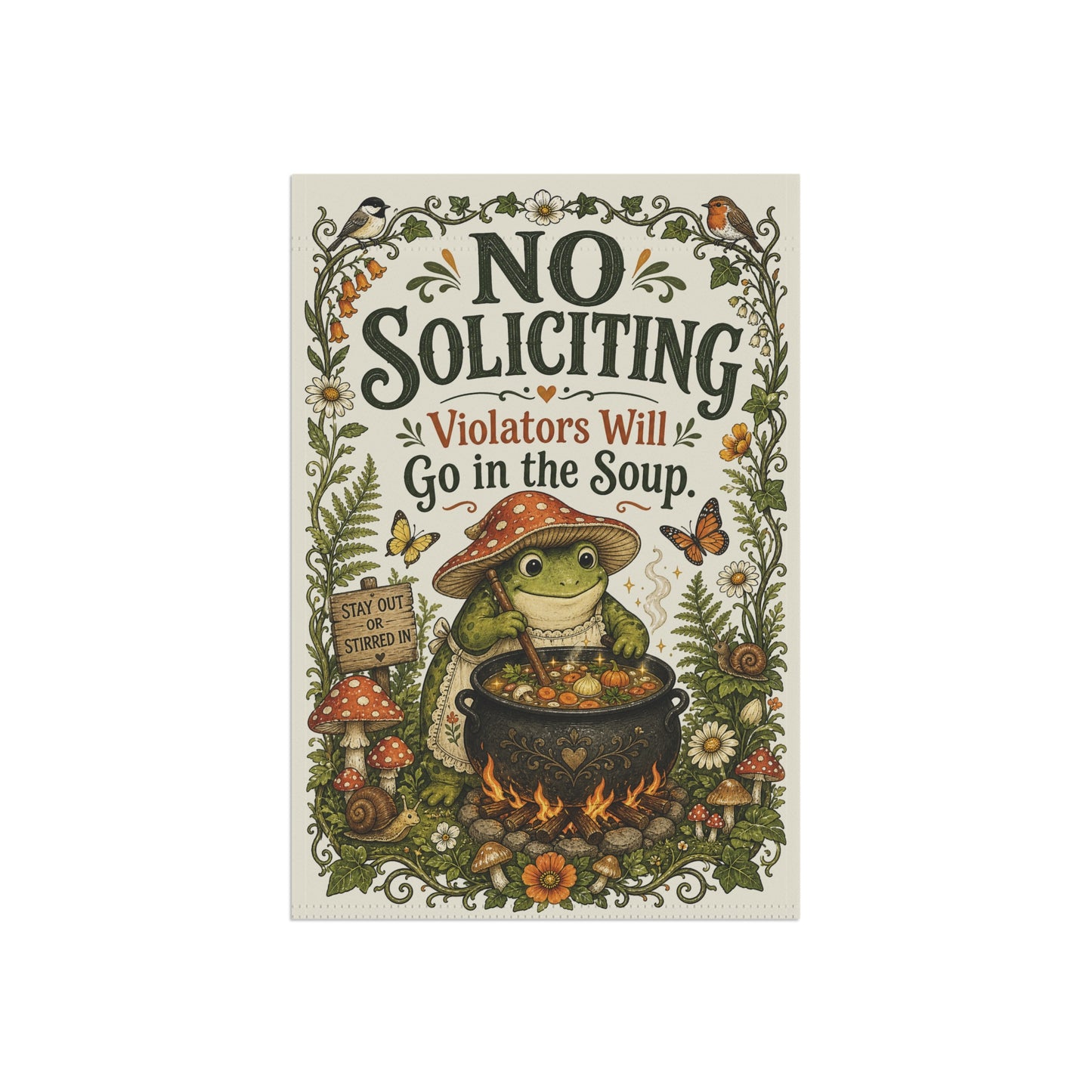 Garden Flag — “No Soliciting, Violators Will Go in the Soup” Decorative Yard Banner