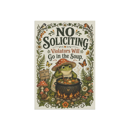 Garden Flag — “No Soliciting, Violators Will Go in the Soup” Decorative Yard Banner