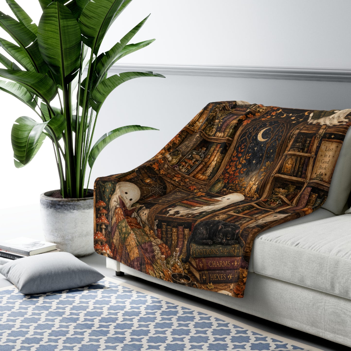 Halloween Ghost Library Sherpa Blanket — Cozy Spooky Fleece Throw