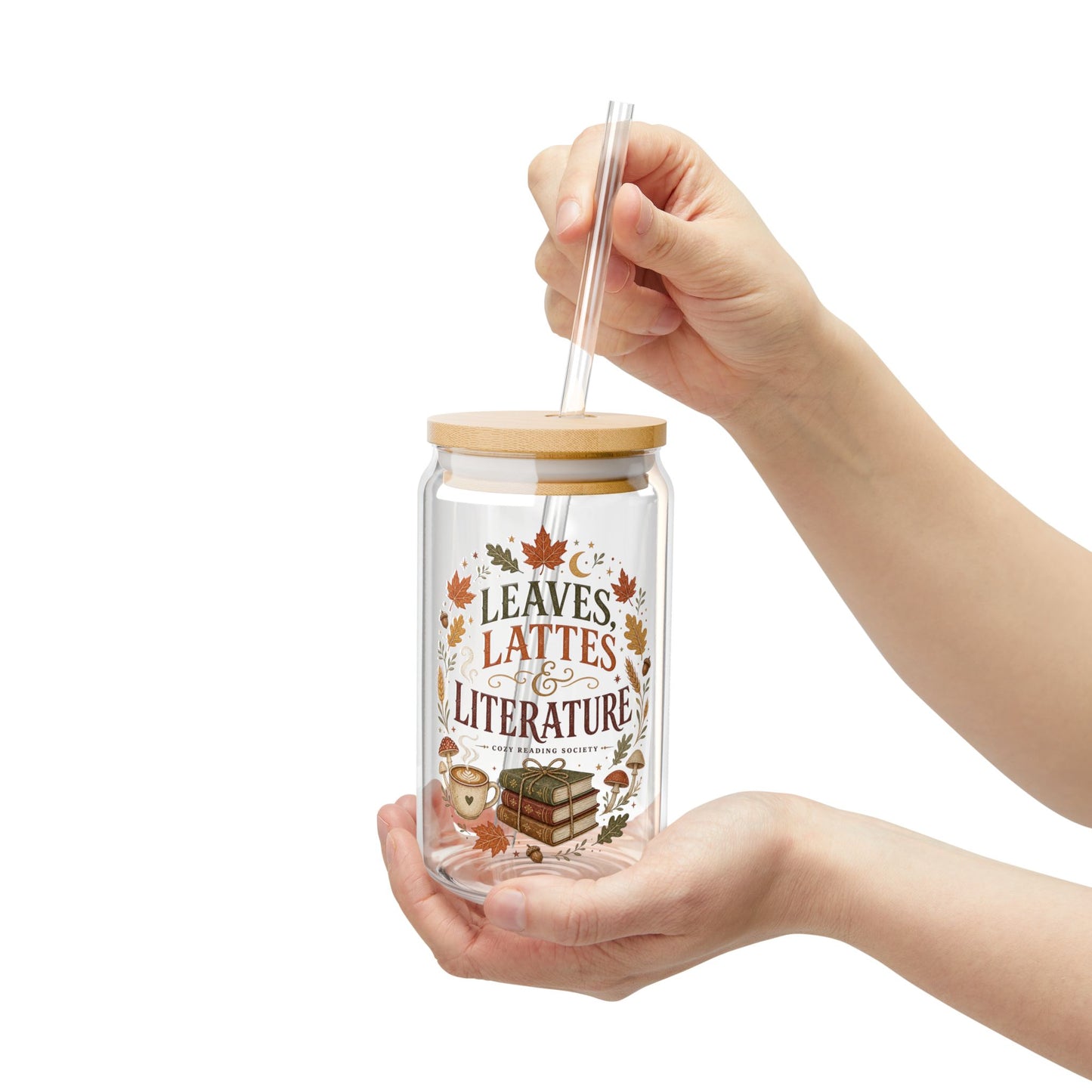 Leaves Lattes & Literature Sipper Glass — 16oz Fall Book Lover Tumbler