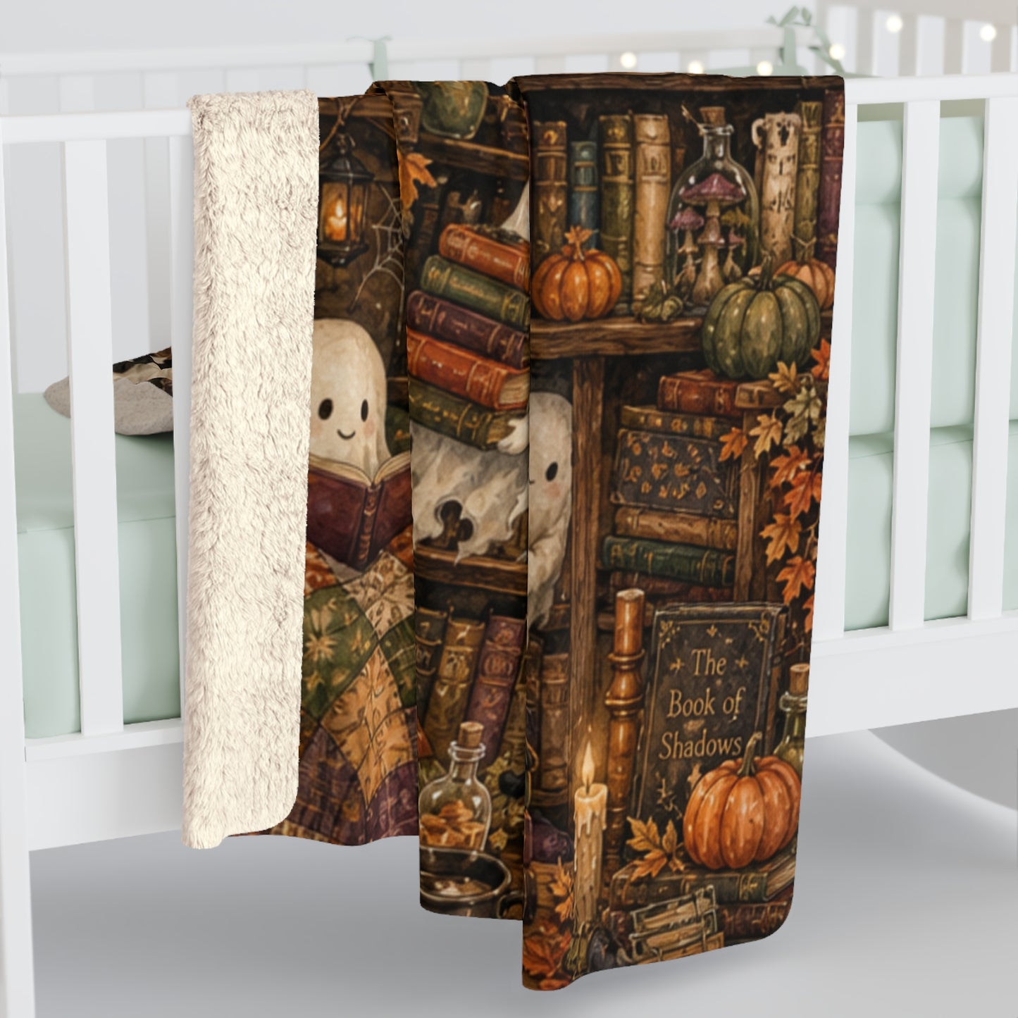 Halloween Ghost Library Sherpa Blanket — Cozy Spooky Fleece Throw