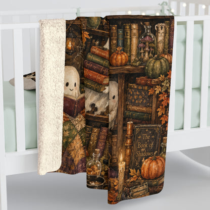 Halloween Ghost Library Sherpa Blanket — Cozy Spooky Fleece Throw