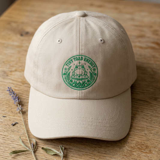Witchy Cottagecore Dad Cap — Embroidered “Tiny Toad Energy” Vintage Toad Logo