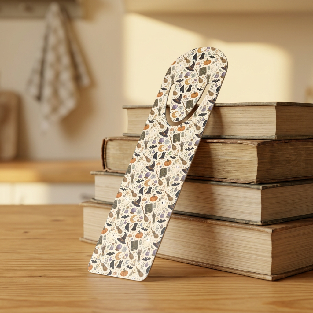 Halloween Cat Bookmark — Spooky Witch Hat & Pumpkin Reading Marker