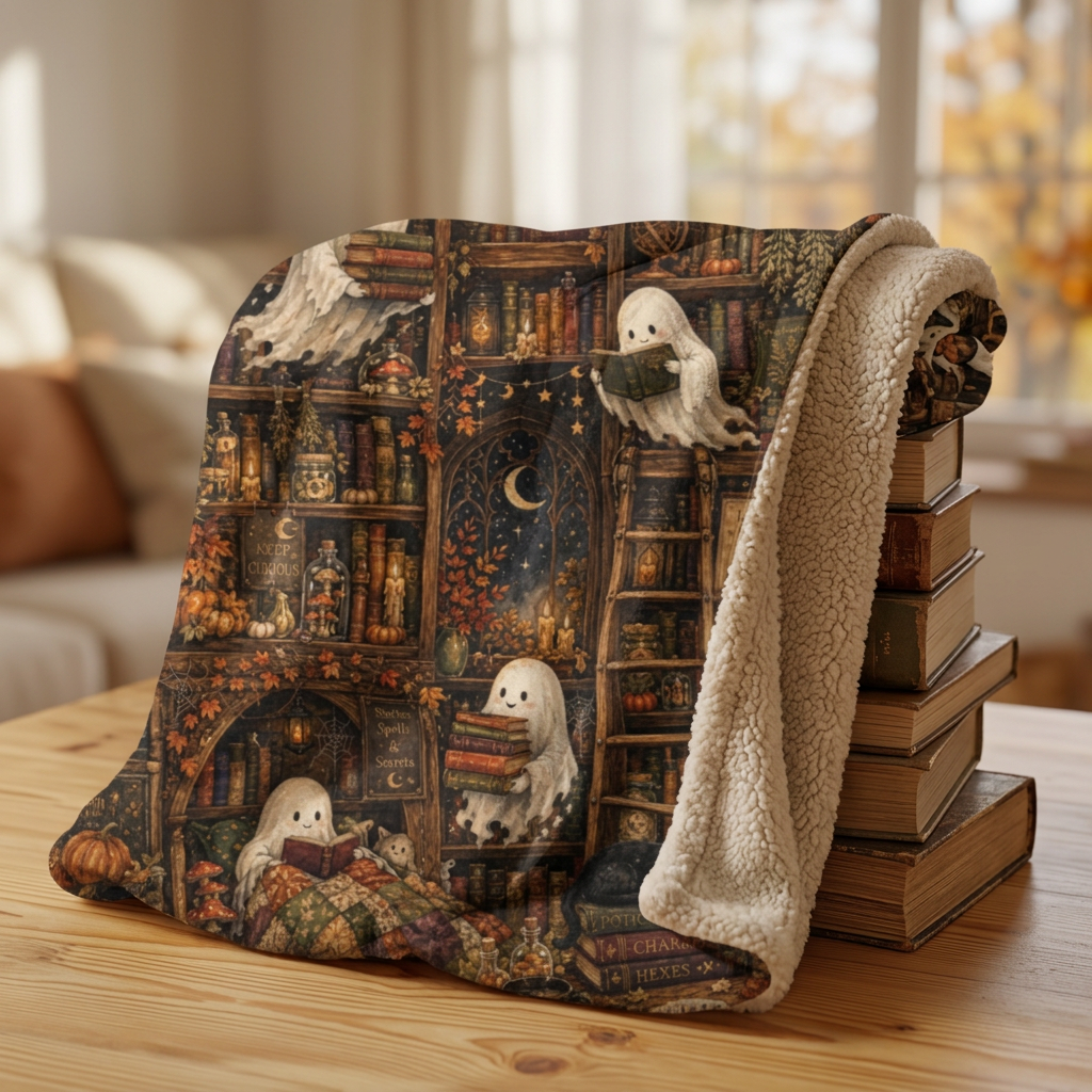 Halloween Ghost Library Sherpa Blanket — Cozy Spooky Fleece Throw