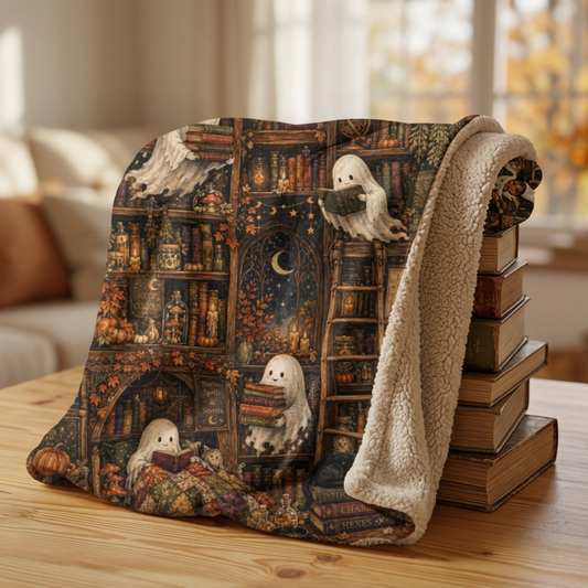 Halloween Ghost Library Sherpa Blanket — Cozy Spooky Fleece Throw