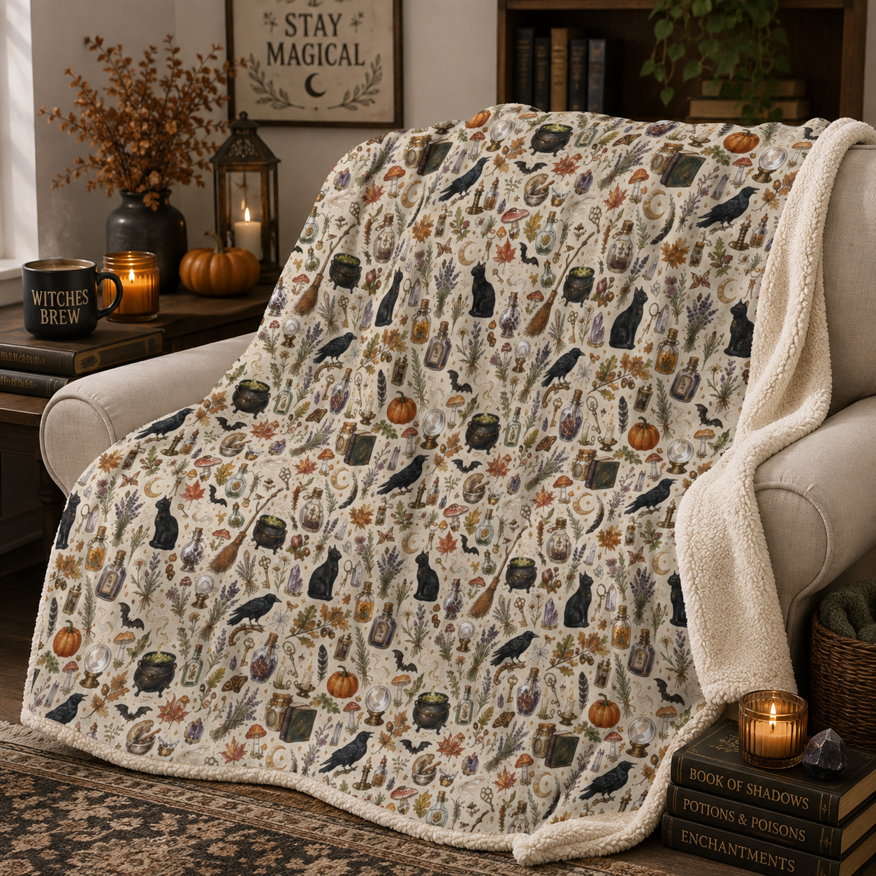 Cozy Cottage Witch Sherpa Blanket – Autumn Cauldrons & Herbs Throw