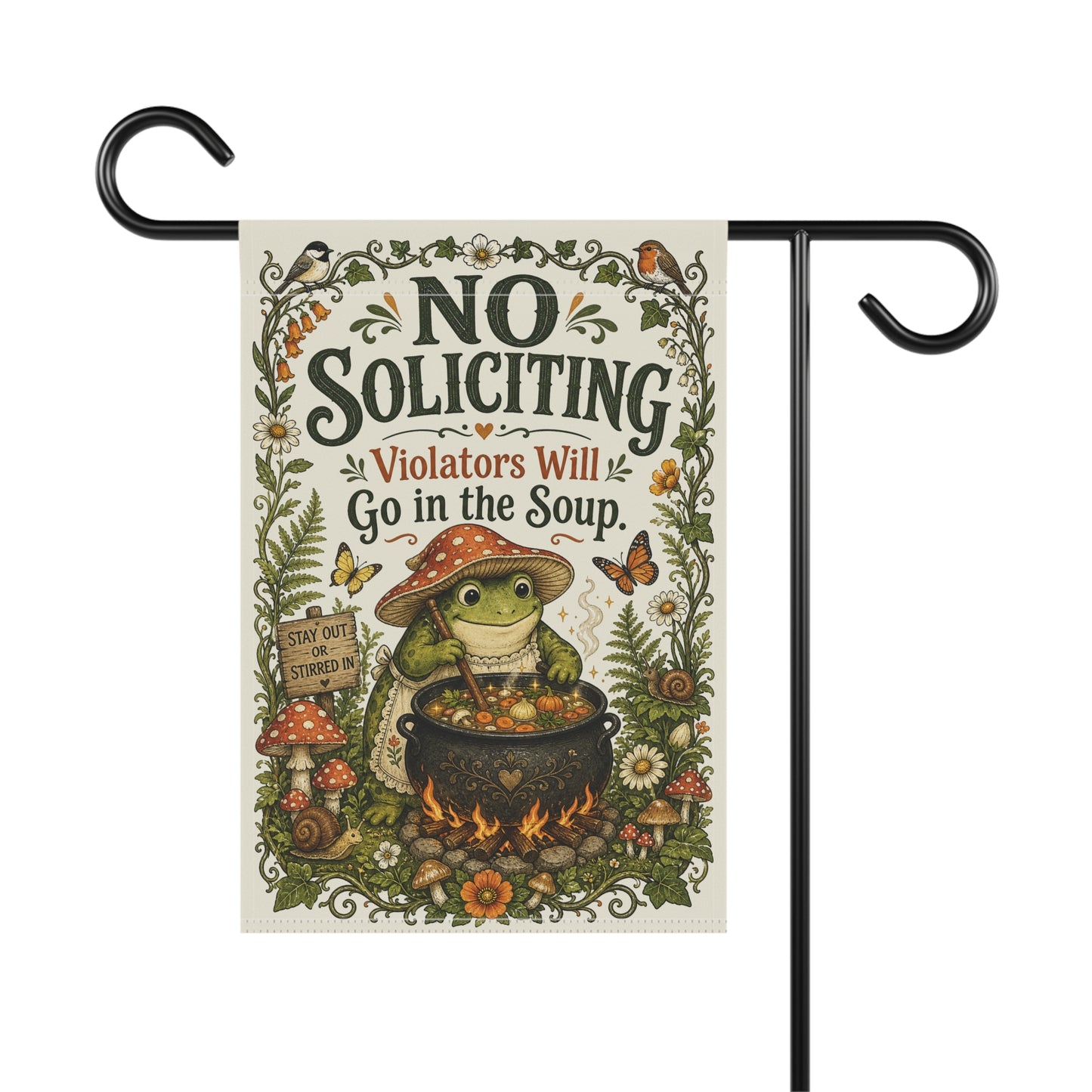 Garden Flag — “No Soliciting, Violators Will Go in the Soup” Decorative Yard Banner