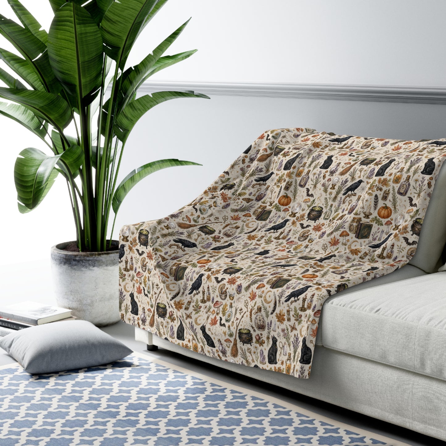 Cozy Cottage Witch Sherpa Blanket – Autumn Cauldrons & Herbs Throw