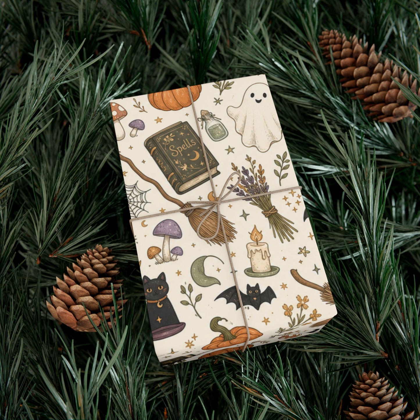 Halloween Witch Pattern Gift Wrap Paper – Spells, Pumpkins & Cats