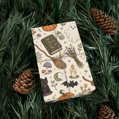 Halloween Witch Pattern Gift Wrap Paper – Spells, Pumpkins & Cats