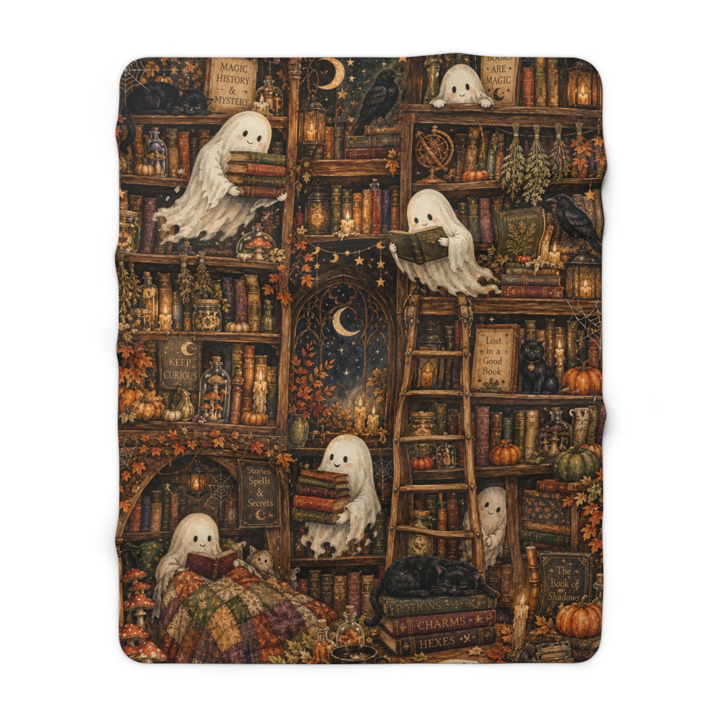 Halloween Ghost Library Sherpa Blanket — Cozy Spooky Fleece Throw