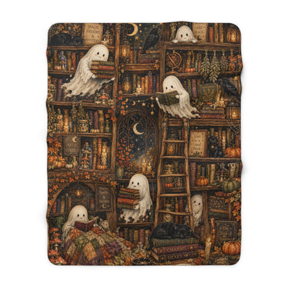 Halloween Ghost Library Sherpa Blanket — Cozy Spooky Fleece Throw