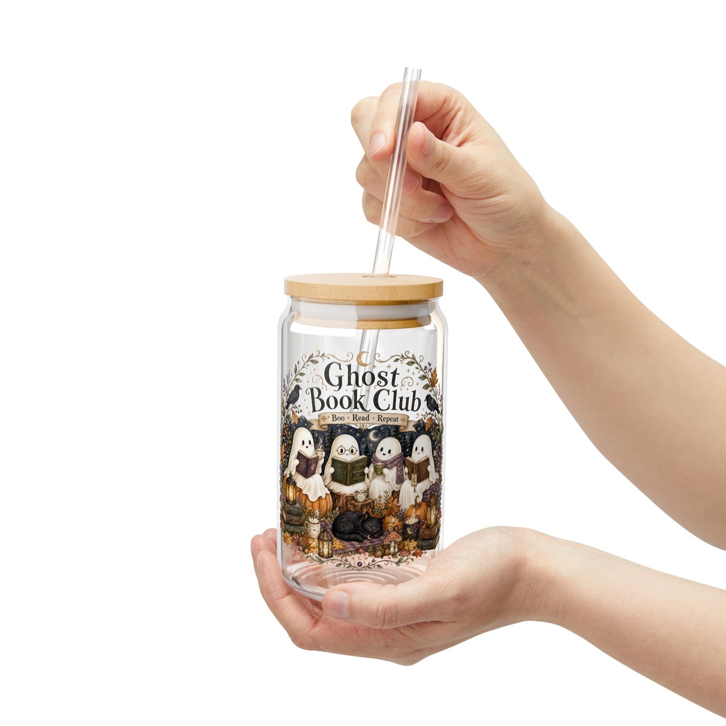 Ghost Book Club 16oz Sipper Glass – Cute Halloween Reading Glass with Straw