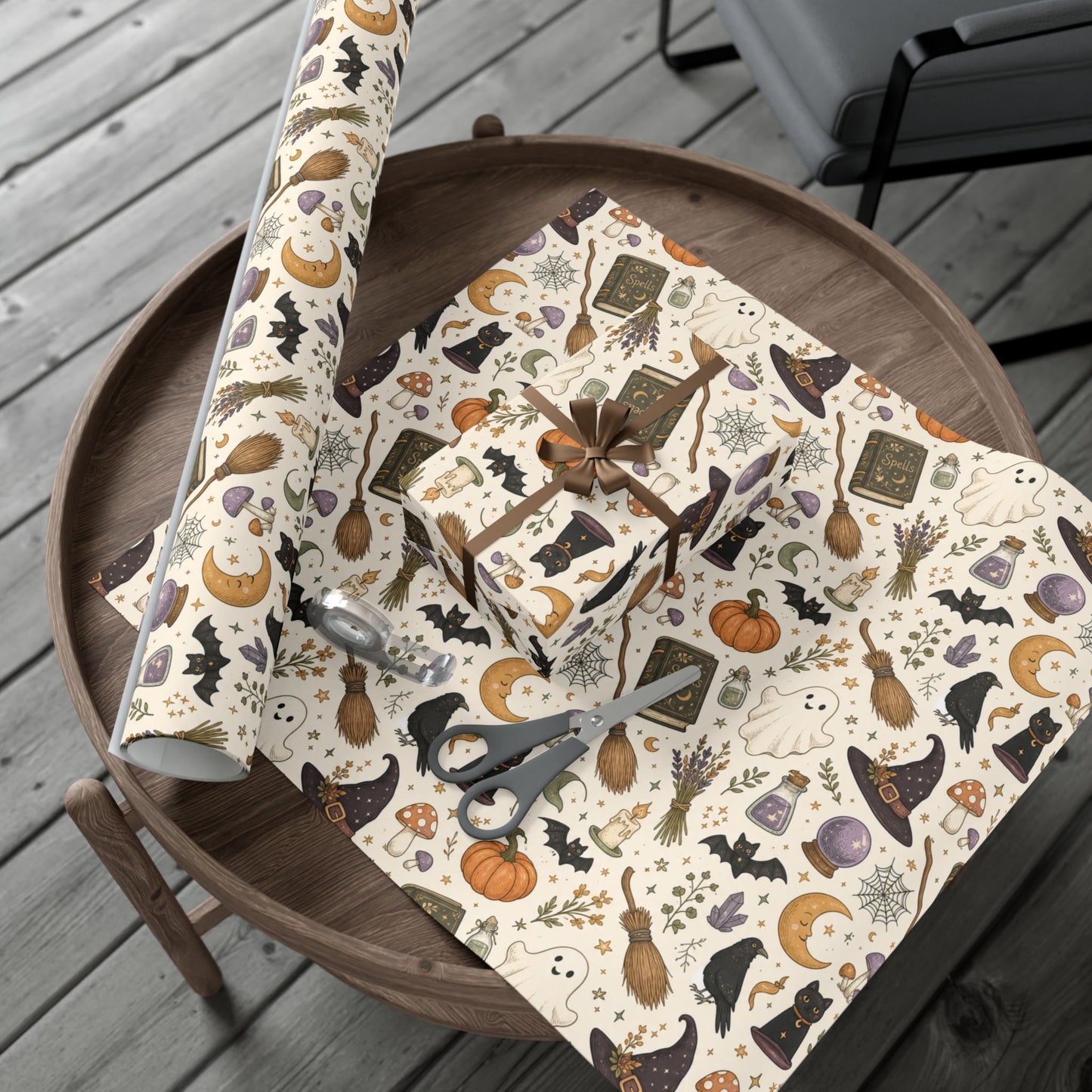 Halloween Witch Pattern Gift Wrap Paper – Spells, Pumpkins & Cats