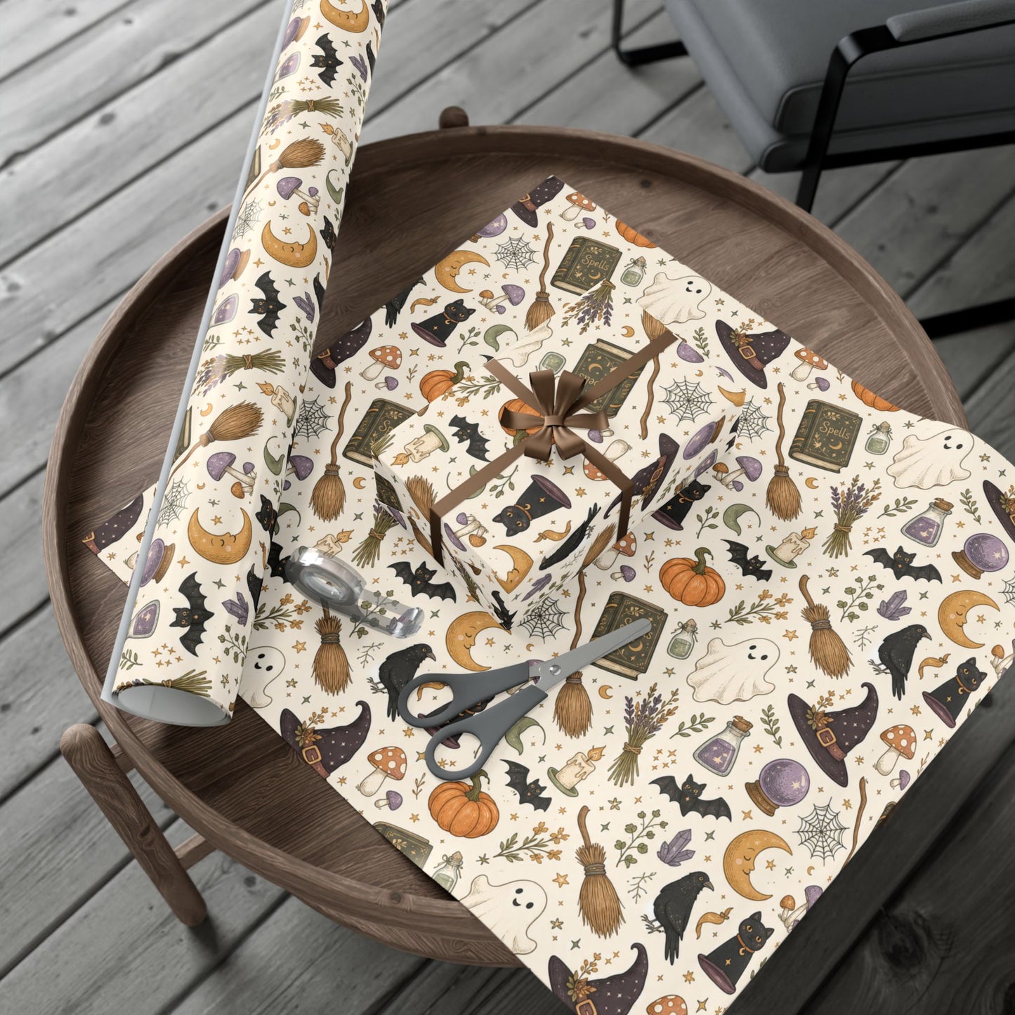 Halloween Witch Pattern Gift Wrap Paper – Spells, Pumpkins & Cats