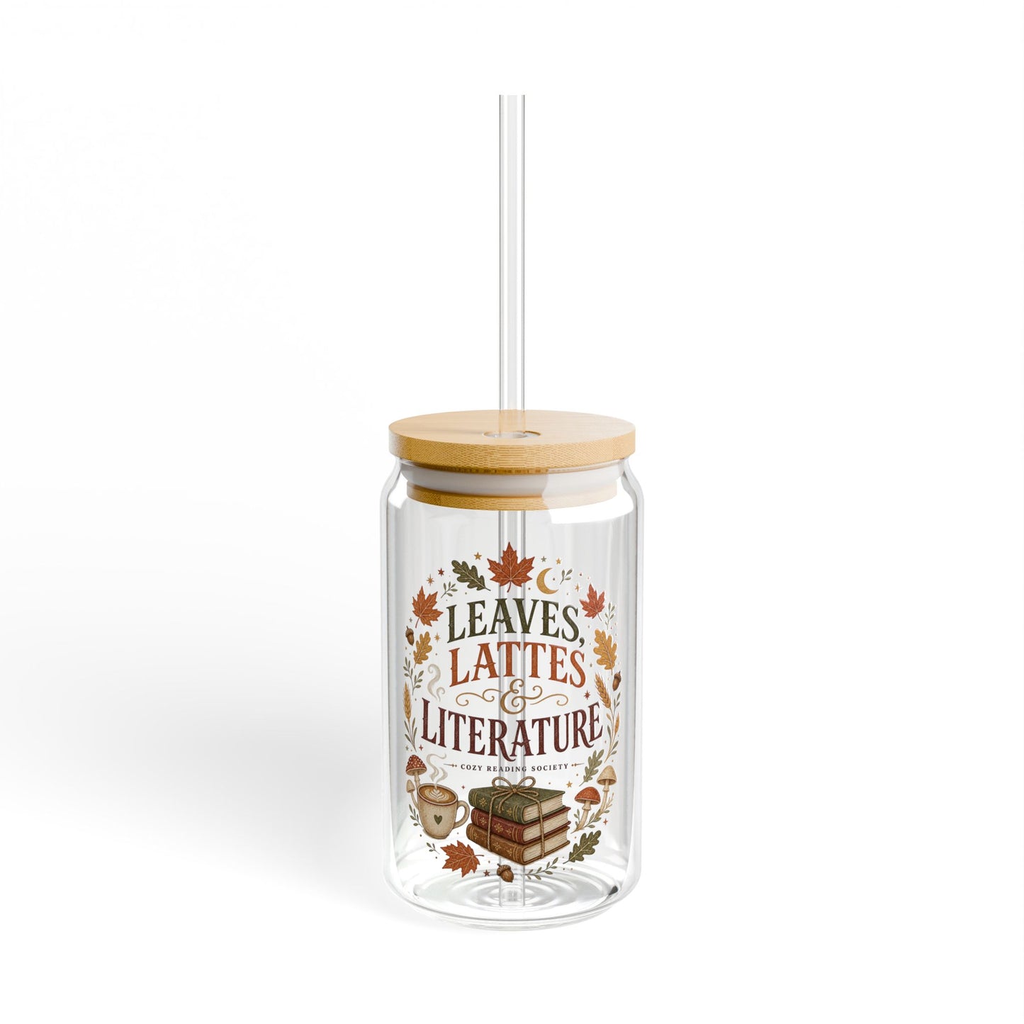 Leaves Lattes & Literature Sipper Glass — 16oz Fall Book Lover Tumbler