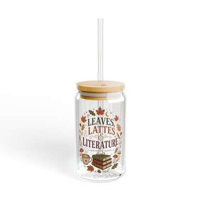 Leaves Lattes & Literature Sipper Glass — 16oz Fall Book Lover Tumbler