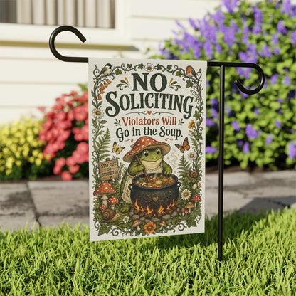 Garden Flag — “No Soliciting, Violators Will Go in the Soup” Decorative Yard Banner