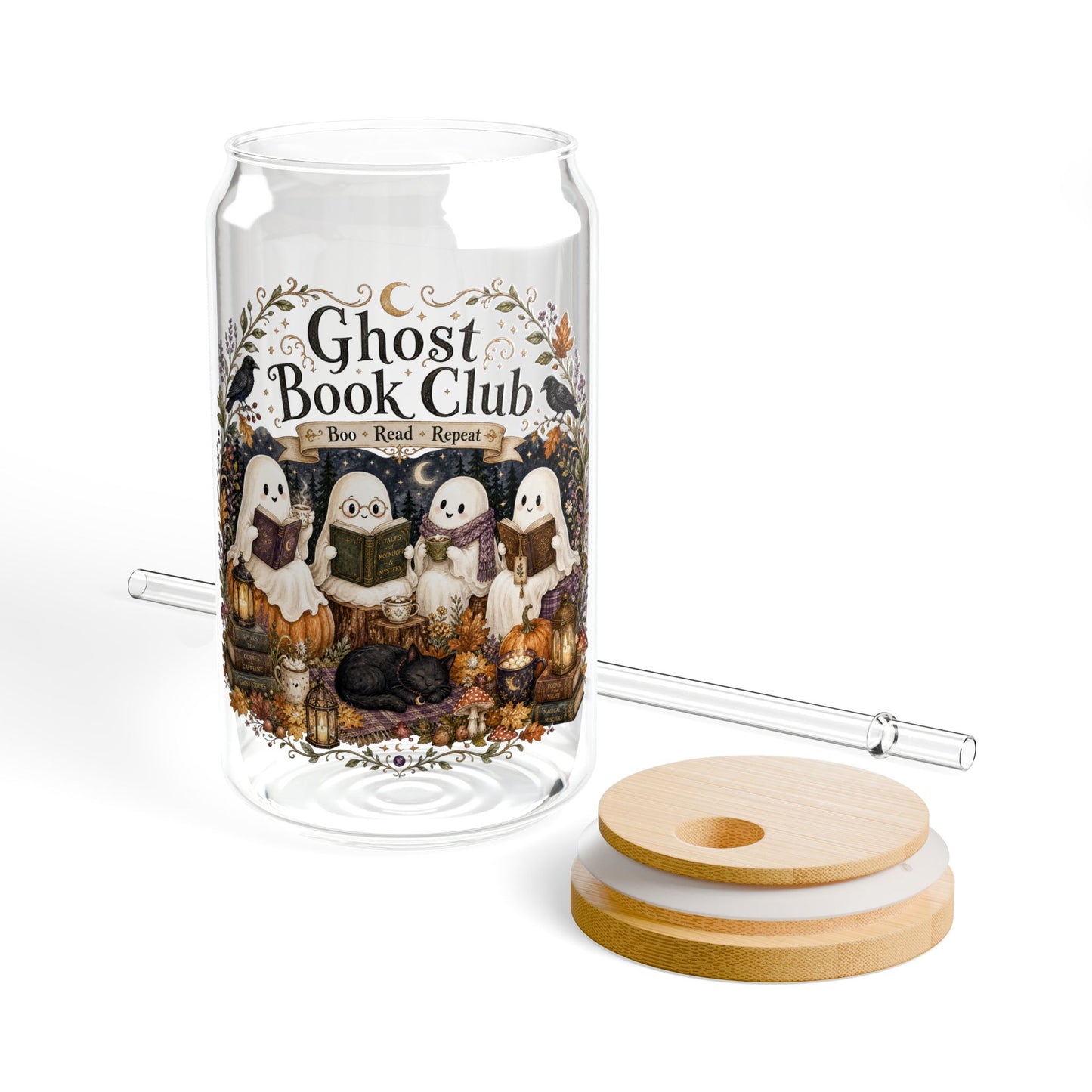 Ghost Book Club 16oz Sipper Glass – Cute Halloween Reading Glass with Straw